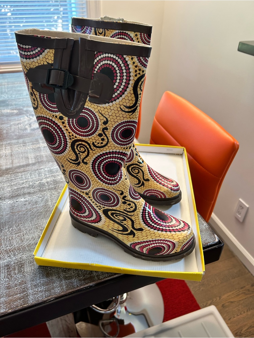 Women’s Patterned Waterproof Rain Boots in Beige and Pink